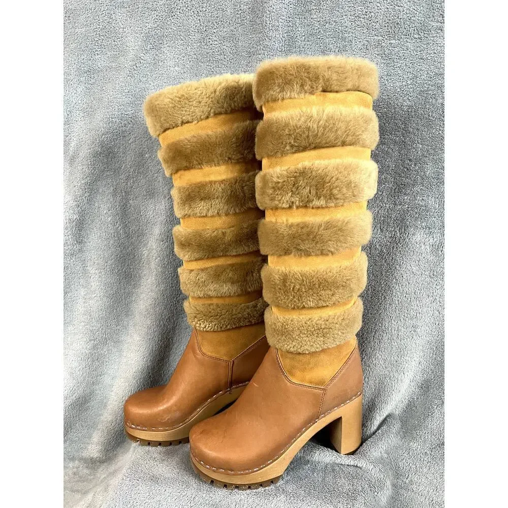 Swedish Hasbeens Romanian Knee Boot Womens 6.5 Fur Leather Hippie Retro - Picture 3 of 10